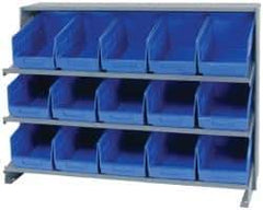 Quantum Storage - 15 Bin Store-More Sloped Shelving System - 36 Inch Overall Width x 12 Inch Overall Depth x 26-1/2 Inch Overall Height, Blue Polypropylene Bins - Industrial Tool & Supply