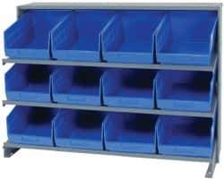 Quantum Storage - 12 Bin Store-More Sloped Shelving System - 36 Inch Overall Width x 12 Inch Overall Depth x 26-1/2 Inch Overall Height, Blue Polypropylene Bins - Industrial Tool & Supply