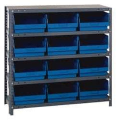 Quantum Storage - 12 Bin Store-More Shelf Bin System - 36 Inch Overall Width x 18 Inch Overall Depth x 39 Inch Overall Height, Blue Polypropylene Bins - Industrial Tool & Supply