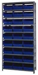 Quantum Storage - 27 Bin Store-More Shelf Bin System - 36 Inch Overall Width x 18 Inch Overall Depth x 75 Inch Overall Height, Blue Polypropylene Bins - Industrial Tool & Supply