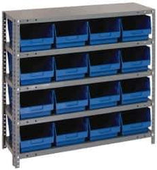 Quantum Storage - 16 Bin Store-More Shelf Bin System - 36 Inch Overall Width x 12 Inch Overall Depth x 39 Inch Overall Height, Blue Polypropylene Bins - Industrial Tool & Supply
