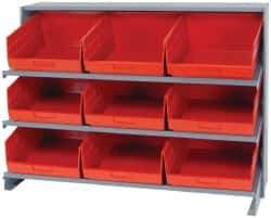 Quantum Storage - 9 Bin Store-More Sloped Shelving System - 36 Inch Overall Width x 12 Inch Overall Depth x 26-1/2 Inch Overall Height, Red Polypropylene Bins - Industrial Tool & Supply