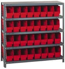 Quantum Storage - 32 Bin Store-More Shelf Bin System - 36 Inch Overall Width x 18 Inch Overall Depth x 39 Inch Overall Height, Red Polypropylene Bins - Industrial Tool & Supply
