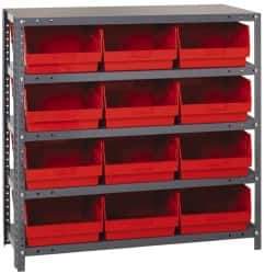 Quantum Storage - 12 Bin Store-More Shelf Bin System - 36 Inch Overall Width x 12 Inch Overall Depth x 39 Inch Overall Height, Red Polypropylene Bins - Industrial Tool & Supply