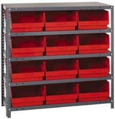 Quantum Storage - 12 Bin Store-More Shelf Bin System - 36 Inch Overall Width x 12 Inch Overall Depth x 39 Inch Overall Height, Red Polypropylene Bins - Industrial Tool & Supply