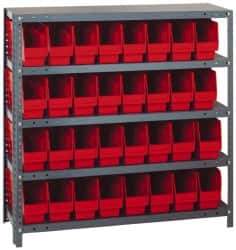 Quantum Storage - 32 Bin Store-More Shelf Bin System - 36 Inch Overall Width x 12 Inch Overall Depth x 39 Inch Overall Height, Red Polypropylene Bins - Industrial Tool & Supply
