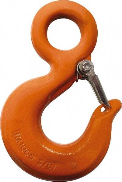 CM - Chain Grade 100, 8,800 Lbs. Load Limit Eye Rigging Hook with Latch - 1.19 Inch Hook Throat, 4.67 Inch Reach, 1-1/4 Inch Eye Inside Diameter, 3/8 Inch Chain Diameter, 6.55 Inch Overall Length, 0.63 Inch Eye Thickness - Industrial Tool & Supply