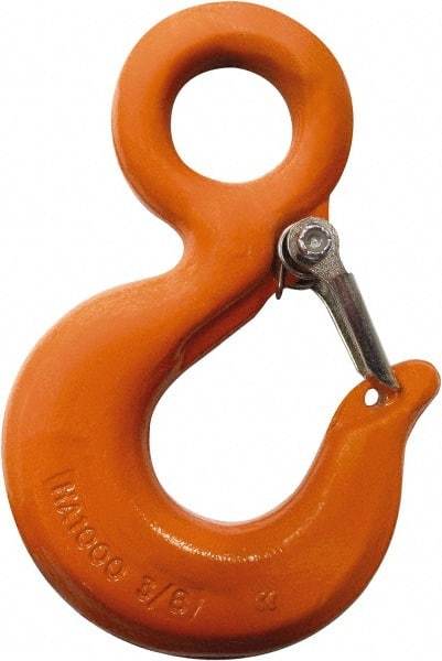 CM - Chain Grade 100, 2,700 Lbs. Load Limit Eye Rigging Hook with Latch - 0.93 Inch Hook Throat, 3.13 Inch Reach, 3/4 Inch Eye Inside Diameter, 0.21875 Inch Chain Diameter, 4.37 Inch Overall Length, 0.38 Inch Eye Thickness - Industrial Tool & Supply