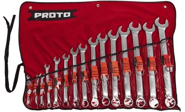 Proto - 15 Piece, 7mm to 32mm, 12 Point Tethered Combination Wrench Set - Metric Measurement Standard, Satin Chrome Finish, Comes in Nylon Roll - Industrial Tool & Supply