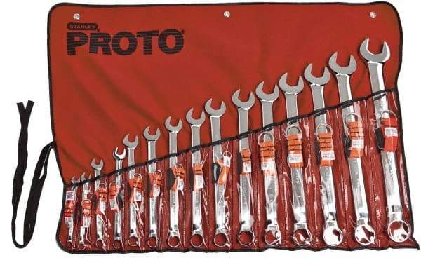 Proto - 15 Piece, 5/16" to 1-1/4", 12 Point Tethered Combination Wrench Set - Inch Measurement Standard, Satin Chrome Finish, Comes in Nylon Roll - Industrial Tool & Supply