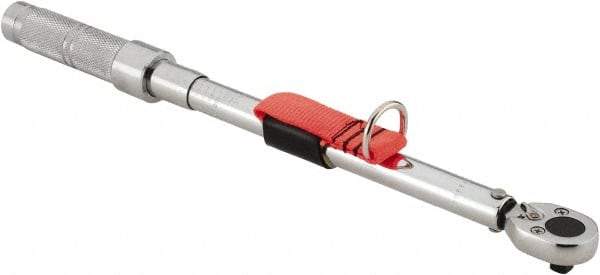 Proto - 3/8" Drive Micrometer Ratchet Head Tethered Torque Wrench - 20 Ft/Lb to 100 Ft/Lb Torque, 17" OAL, 1/2 Ft/Lb Graduation, Pear Head - Industrial Tool & Supply