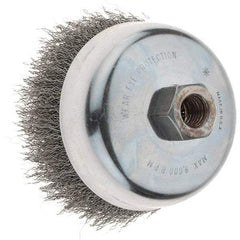 Weiler - 4" Diam, 5/8-11 Threaded Arbor, Steel Fill Cup Brush - 0.014 Wire Diam, 1-3/8" Trim Length, 9,000 Max RPM - Industrial Tool & Supply