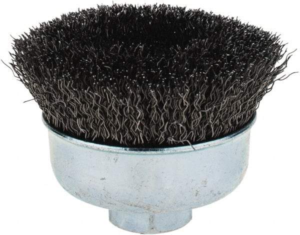 Weiler - 3" Diam, 5/8-11 Threaded Arbor, Steel Fill Cup Brush - 0.014 Wire Diam, 7/8" Trim Length, 14,000 Max RPM - Industrial Tool & Supply