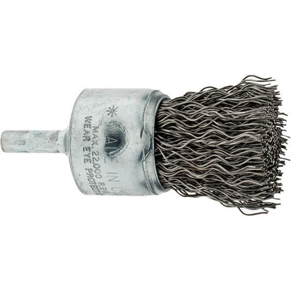 Weiler - 1" Brush Diam, Crimped, End Brush - 1/4" Diam Shank, 20,000 Max RPM - Industrial Tool & Supply