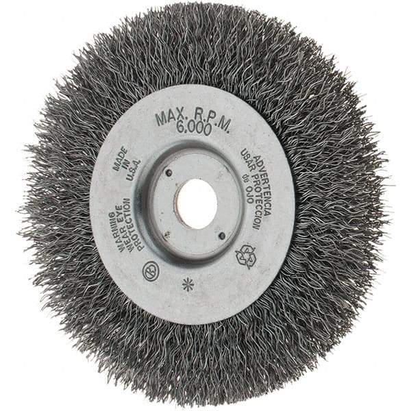 Weiler - 4" OD, 1/2" Arbor Hole, Crimped Steel Wheel Brush - 1/2" Face Width, 13/16" Trim Length, 0.014" Filament Diam, 6,000 RPM - Industrial Tool & Supply