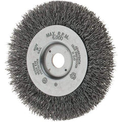 Weiler - 4" OD, 1/2" Arbor Hole, Crimped Steel Wheel Brush - 1/2" Face Width, 13/16" Trim Length, 0.014" Filament Diam, 6,000 RPM - Industrial Tool & Supply