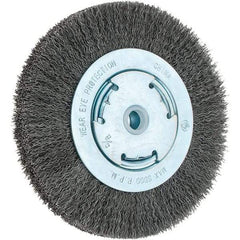Weiler - 6" OD, 5/8" Arbor Hole, Crimped Steel Wheel Brush - 1-1/8" Face Width, 1-1/8" Trim Length, 0.014" Filament Diam, 6,000 RPM - Industrial Tool & Supply