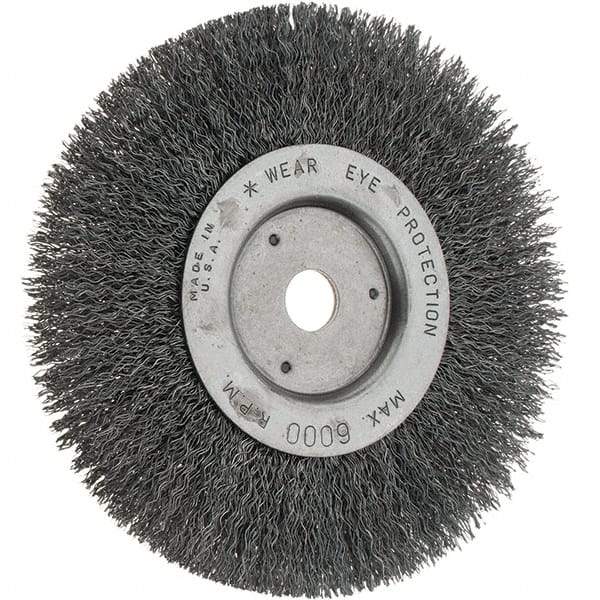 Weiler - 6" OD, 5/8" Arbor Hole, Crimped Steel Wheel Brush - 3/4" Face Width, 1-1/8" Trim Length, 0.014" Filament Diam, 6,000 RPM - Industrial Tool & Supply