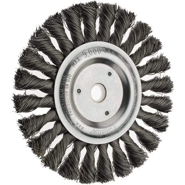 Weiler - 6" OD, 5/8" Arbor Hole, Knotted Steel Wheel Brush - 1/2" Face Width, 1-1/2" Trim Length, 0.014" Filament Diam, 9,000 RPM - Industrial Tool & Supply