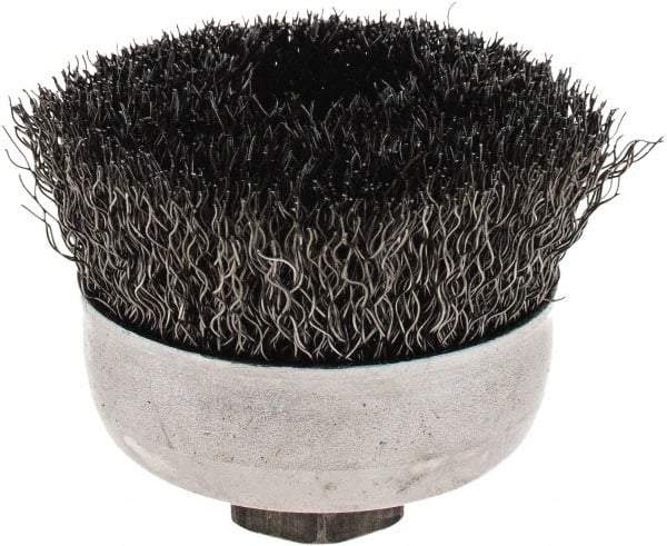Weiler - 2-3/4" Diam, 5/8-11 Threaded Arbor, Steel Fill Cup Brush - 0.014 Wire Diam, 1" Trim Length, 14,000 Max RPM - Industrial Tool & Supply