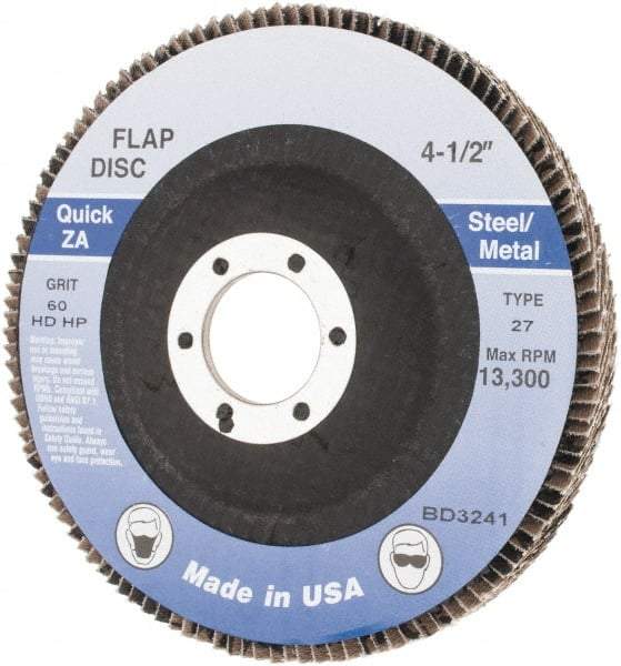 Made in USA - 60 Grit, 4-1/2" Disc Diam, 7/8" Center Hole, Type 27 Zirconia Alumina Flap Disc - Arbor Attaching System, Coated - Industrial Tool & Supply