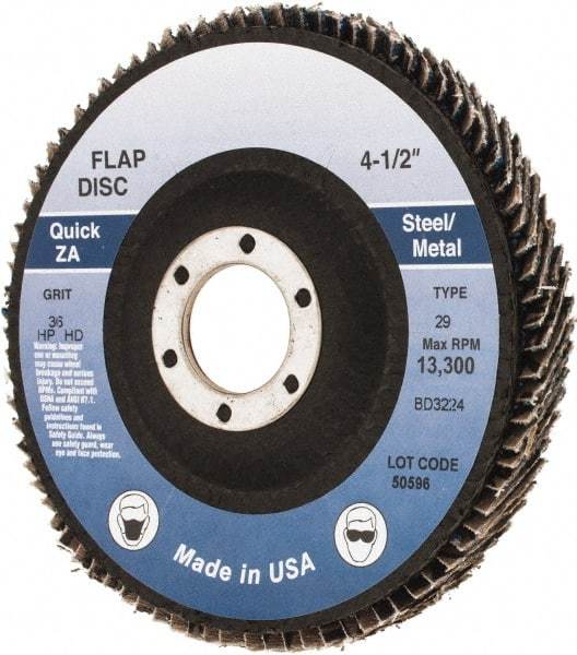Made in USA - 36 Grit, 4-1/2" Disc Diam, 7/8" Center Hole, Type 29 Zirconia Alumina Flap Disc - Arbor Attaching System, Coated - Industrial Tool & Supply