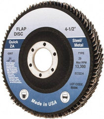 Made in USA - 36 Grit, 4-1/2" Disc Diam, 7/8" Center Hole, Type 29 Zirconia Alumina Flap Disc - Arbor Attaching System, Coated - Industrial Tool & Supply