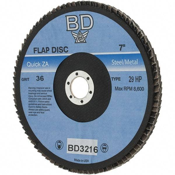 Value Collection - 36 Grit, 7" Disc Diam, 5/8-11 Center Hole, Type 29 Zirconia Alumina Flap Disc - Arbor Attaching System, Coated - Industrial Tool & Supply
