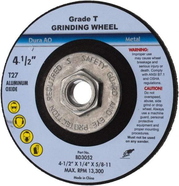 Value Collection - 24 Grit, 4-1/2" Wheel Diam, 1/4" Wheel Thickness, Type 27 Depressed Center Wheel - Aluminum Oxide, U Hardness, 13,300 Max RPM - Industrial Tool & Supply