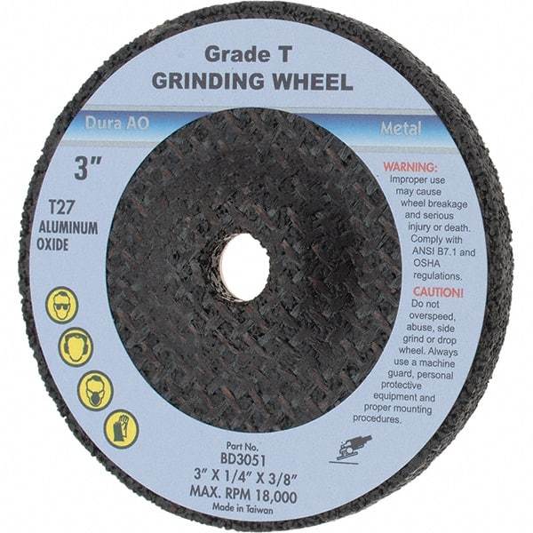 Value Collection - 3" Wheel Diam, 1/4" Wheel Thickness, 3/8" Arbor Hole, Type 27 Depressed Center Wheel - Aluminum Oxide, 18,000 Max RPM - Industrial Tool & Supply