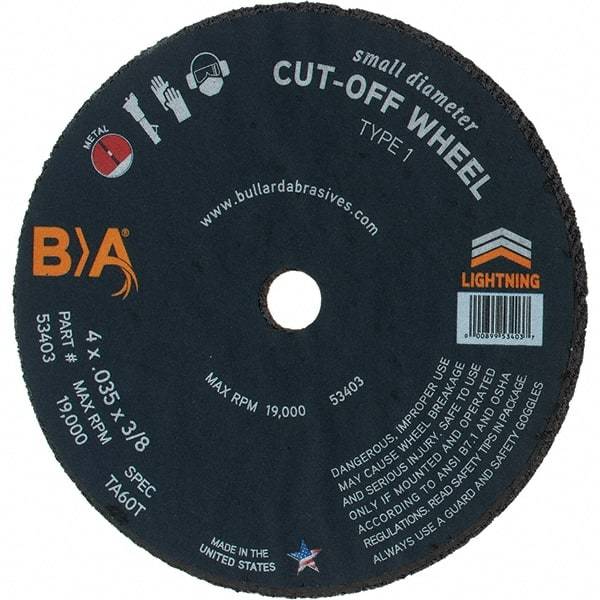Made in USA - 4" Aluminum Oxide Cutoff Wheel - 0.035" Thick, 3/8" Arbor, 19,000 Max RPM - Industrial Tool & Supply