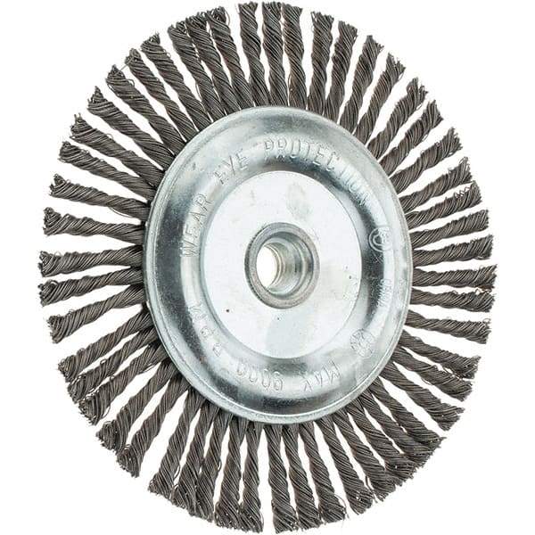 Weiler - 6-1/2" OD, 5/8-11 Arbor Hole, Stringer Bead Steel Wheel Brush - 3/16" Face Width, 1-1/8" Trim Length, 0.02" Filament Diam, 9,000 RPM - Industrial Tool & Supply