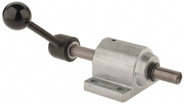 De-Sta-Co - 9,000 N Capacity, M8 Plunger, 16mm Plunger Diam, Foot Mt, One Hand, Hand Lever Actuation, Variable Stroke Straight Line Action Clamp - 60mm Max Rapid Stroke, 4mm Max Clamping Stroke, 9mm Mt Hole Diam, 90mm Overall Height, 196mm OAL - Industrial Tool & Supply