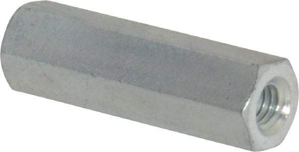 Made in USA - M6x1.00 Metric Coarse, 1-1/2" OAL Steel Standard Coupling Nut - Zinc-Plated Finish, 7/16" Width Across Flats - Industrial Tool & Supply