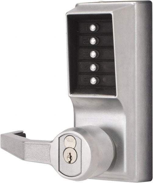 Kaba Access - Combination Entry Lever Lockset with Key Override - 2-3/4" Back Set, No Cylinder, Zamak3, Satin Chrome Finish - Industrial Tool & Supply
