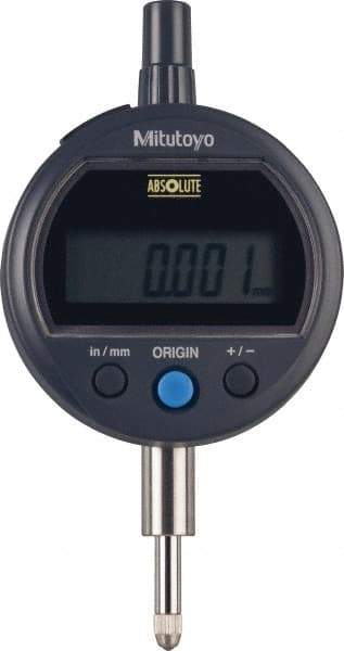 Mitutoyo - 0 to 12.7mm Range, 0.00005" Graduation, Electronic Drop Indicator - Flat Back, Accurate to 0.0001", English & Metric System, LCD Display - Industrial Tool & Supply