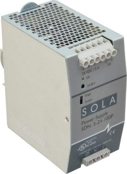 Sola/Hevi-Duty - 120 Watt, 5 Amp, 230 VAC Input, 24 VDC Output, DIN Rail Power Supply - 2.56 Inch Wide x 4.55 Inch Deep x 4.88 Inch High, Up to 88% Efficiency, 14 to 140°F, Green LED - Industrial Tool & Supply