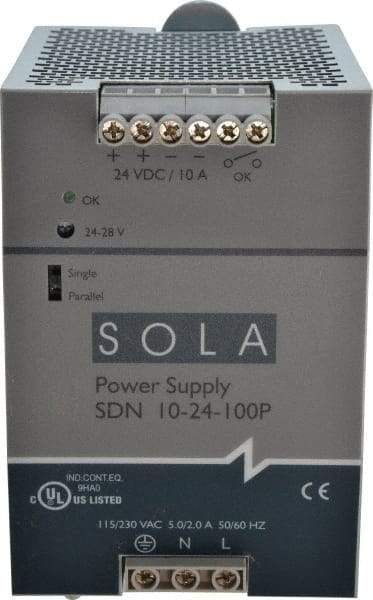 Sola/Hevi-Duty - 240 Watt, 10 Amp, 230 VAC Input, 24 VDC Output, DIN Rail Power Supply - 3.26 Inch Wide x 4.55 Inch Deep x 4.88 Inch High, Up to 88% Efficiency, 14 to 140°F, Green LED - Industrial Tool & Supply