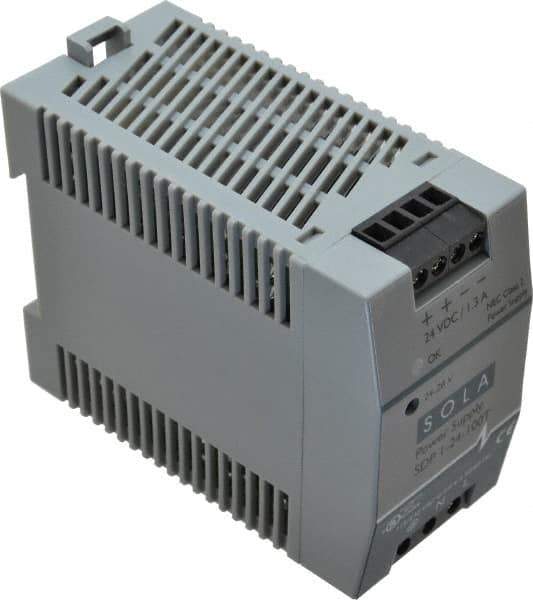 Sola/Hevi-Duty - 100 Watt, 1.30 Amp, 264 VAC, 375 VDC Input, 24 to 28 VDC Output, DIN Rail Power Supply - Screw Terminal Connection, 1 Output, 1.77 Inch Wide x 3.58 Inch Deep x 2.95 Inch High, Up to 83% Efficiency, 14 to 140°F, Green LED Display - Industrial Tool & Supply