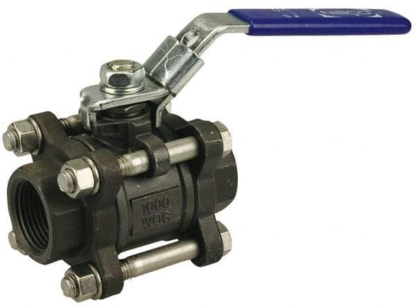 NIBCO - 2" Pipe, Full Port, Carbon Steel Standard Ball Valve - 3 Piece, Inline - One Way Flow, FNPT x FNPT Ends, Locking Lever Handle, 1,000 WOG - Industrial Tool & Supply