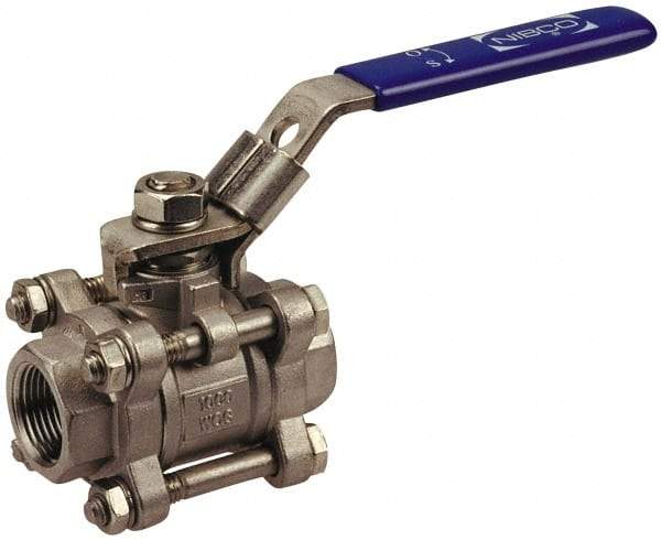 NIBCO - 1-1/2" Pipe, Full Port, Carbon Steel Standard Ball Valve - 3 Piece, Inline - One Way Flow, FNPT x FNPT Ends, Locking Lever Handle, 1,000 WOG - Industrial Tool & Supply