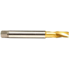 Emuge - 1/16-27 NPT, 15° Helix, 3 Flutes, Modified Bottoming Chamfer, TiN Finish, Cobalt, Spiral Flute Pipe Tap - Right Hand Flute, 5/16" Shank Diam, 0.69" Thread Length, 0.234" Square Size, Series KEG - Exact Industrial Supply
