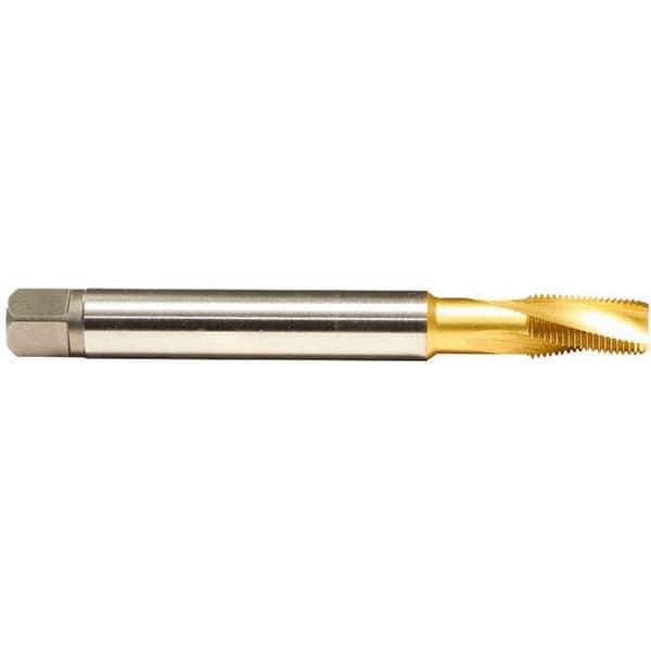 Emuge - 1/16-27 NPTF, 15° Helix, 3 Flutes, Modified Bottoming Chamfer, TiN Finish, Cobalt, Spiral Flute Pipe Tap - Right Hand Flute, 5/16" Shank Diam, 0.69" Thread Length, 0.234" Square Size, Series KEG - Exact Industrial Supply