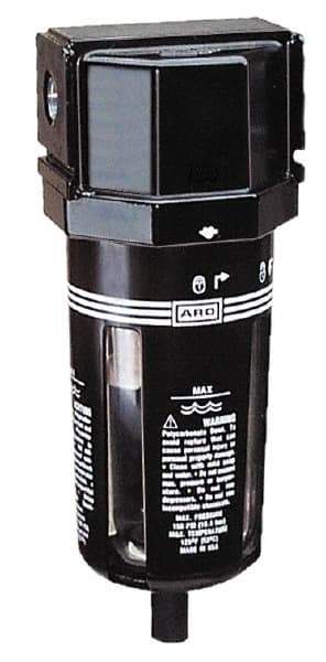 ARO/Ingersoll-Rand - 1/4" Port, 6.161" High x 2.244" Wide Compact Filter with Polycarbonate Bowl, Manual Drain - 73 SCFM, 150 Max psi, 125°F Max Temp, Modular Connection, Bowl Guard, 1.3 oz Bowl Capacity - Industrial Tool & Supply