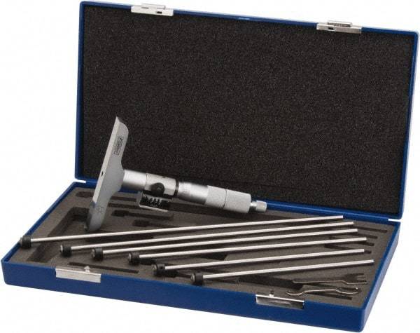 Fowler - 0 to 6" Range, 6 Rod, Satin Chrome Finish Mechanical Depth Micrometer - Ratchet Stop Thimble, 4" Base Length, 0.001" Graduation, 0.176" Rod Diam - Industrial Tool & Supply