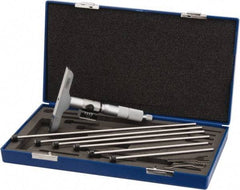 Fowler - 0 to 6" Range, 6 Rod, Satin Chrome Finish Mechanical Depth Micrometer - Ratchet Stop Thimble, 4" Base Length, 0.001" Graduation, 0.176" Rod Diam - Industrial Tool & Supply
