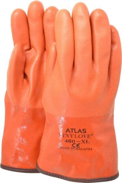 SHOWA - Size XL (10), 12" Long, PVC Chemical Resistant Gloves - Textured Finish, Cotton Blend Lined, Gauntlet Cuff, ANSI Abrasion Level 4, ANSI Cut Level 2, ANSI Puncture Level 2, Orange - Industrial Tool & Supply