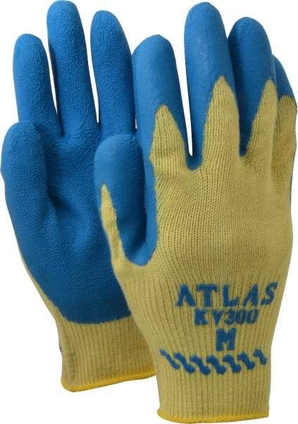 SHOWA - Size M (8), ANSI Cut Lvl 3, Abrasion Lvl 4, Rubber Coated Cut Resistant Gloves - Palm & Fingers Coated, Kevlar Lining, Knit Wrist, Yellow/Blue, Paired - Industrial Tool & Supply