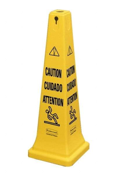 Rubbermaid - Caution, 12-1/4" Wide x 36" High, Plastic Floor Sign - Cone, Black on Yellow, For Accident Prevention - Industrial Tool & Supply