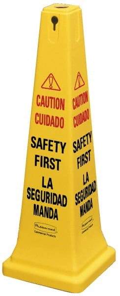 Rubbermaid - Caution - Safety First, 12-1/4" Wide x 36" High, Plastic Floor Sign - Cone, Black on Yellow, For Accident Prevention - Industrial Tool & Supply